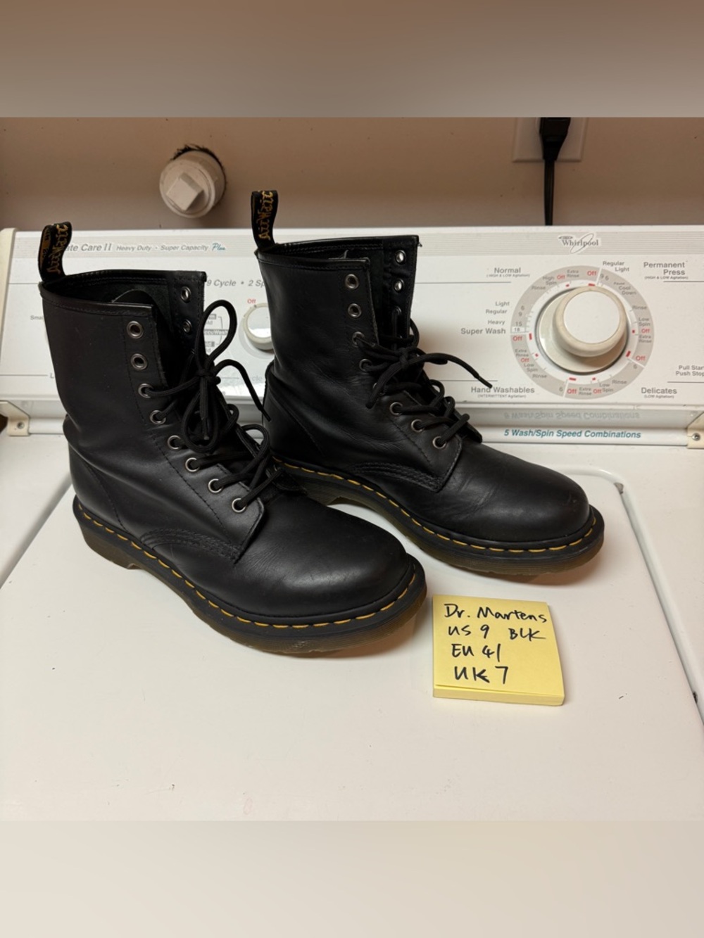 Dr. Martens Black Leather 8-Eye Lace-Up Boots with Yellow Stitching US9 EU41